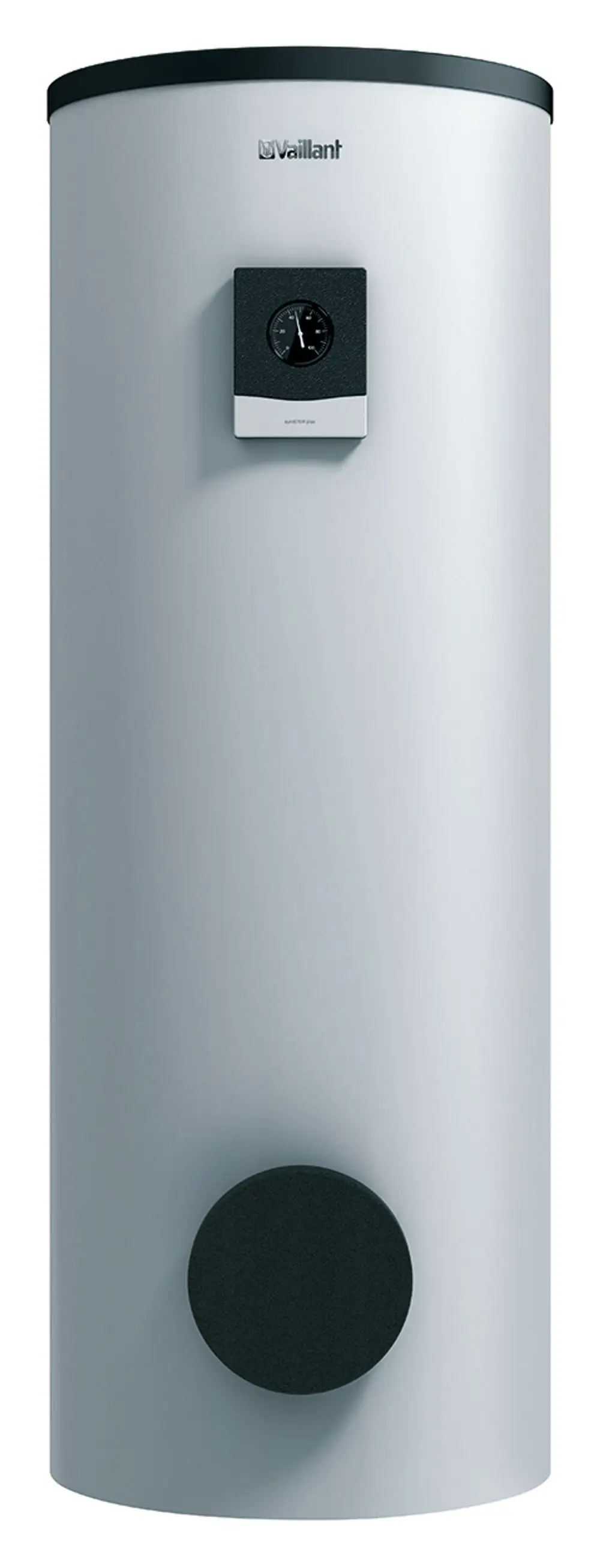 Vaillant-Warmwasserspeicher in zylindrischer Form mit einem digitalen Thermometer und einer runden Basis, montiert für stehendem Einsatz.